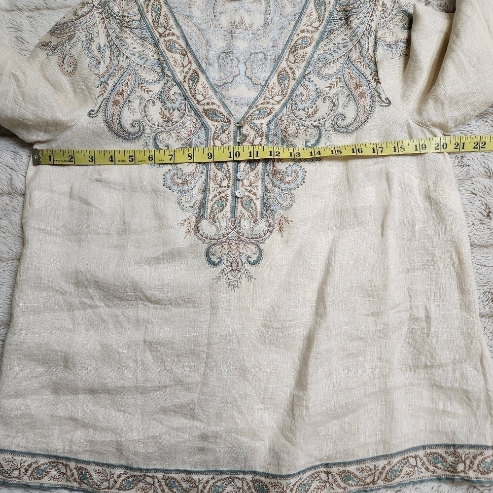 Shirt pullover 100% Linen Paisley BOHO Cream color and blues Size S-M J.JILL - Picture 9 of 14
